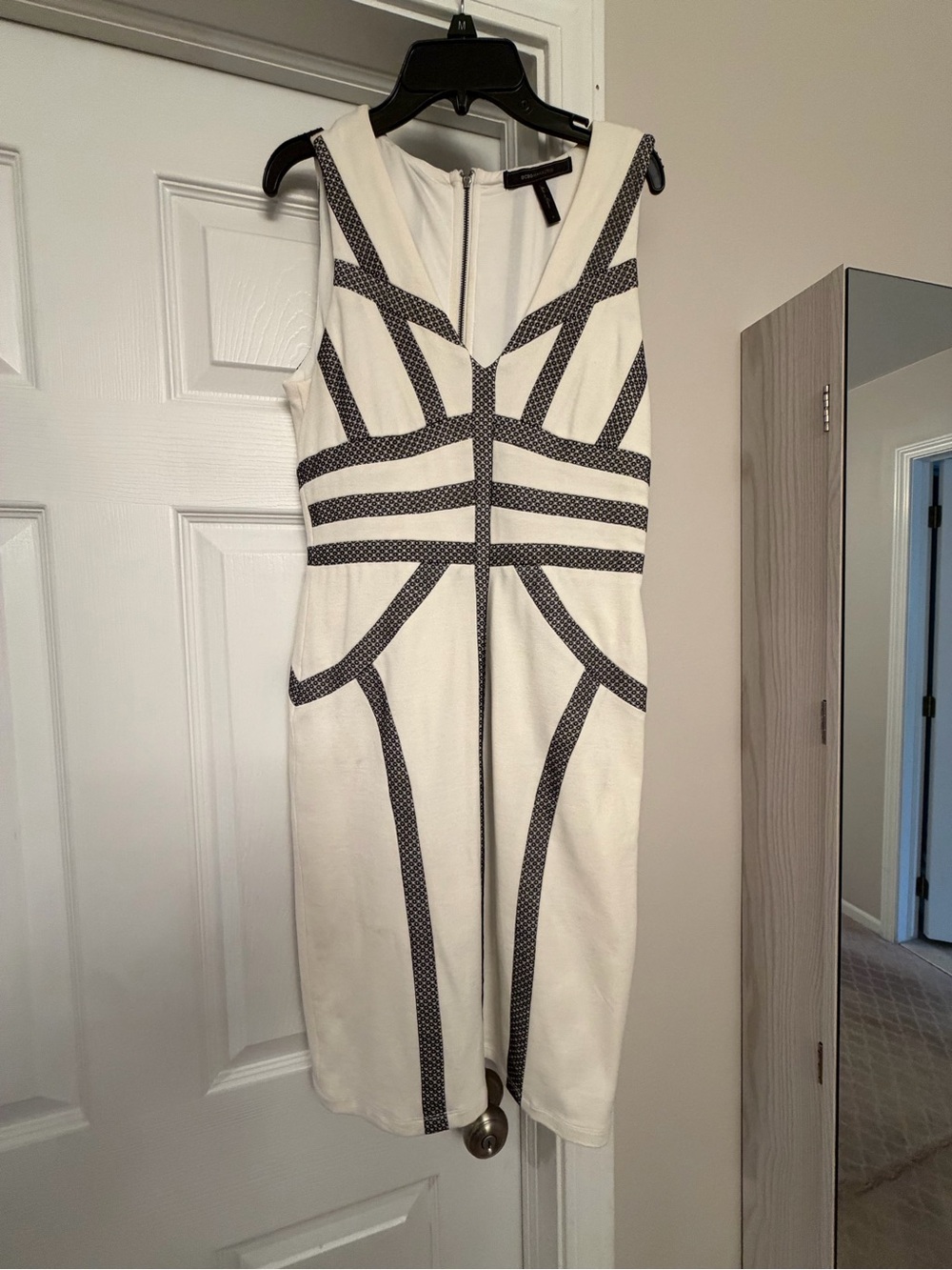 BCBGMaxAzria White Midi Dress with Black Geometric Trim